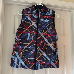 J. McLaughlin reversible down vest with equestrian chain Print to blue navy.